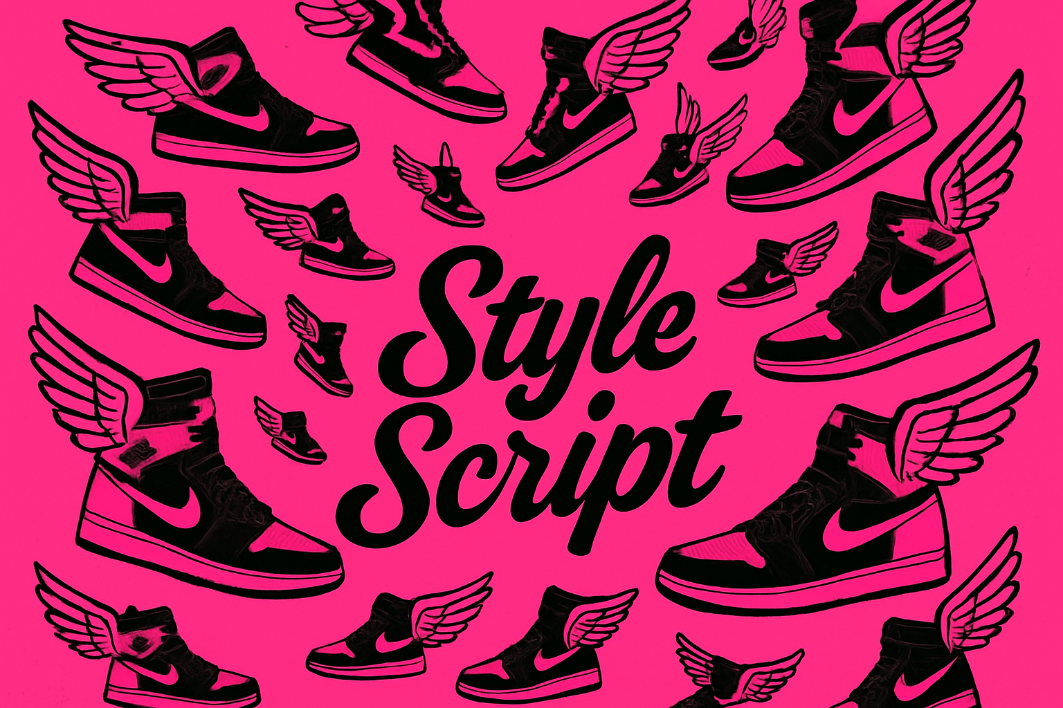 a image with a hot pink background, black and pink nike air high tops with wings on the side of them raining from above and the letters in the center saying "style Script" both words side by side